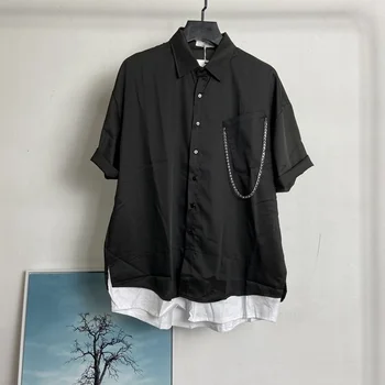 Yaz 2022 Erkek Yeni Kısa Kollu Casual Gömlek Gevşek Turn-Aşağı Yaka Vintage Eklenmiş Kore Tarzı Moda Sahte Iki Bluz
