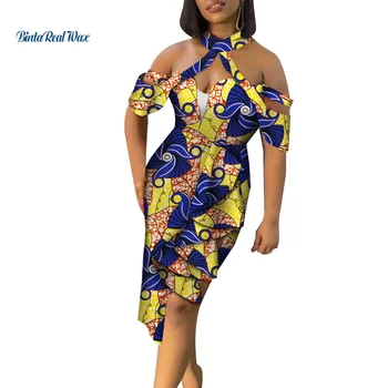 Afrika Kadın Giyim Dashiki Bazin Riche Nedensel Seksi Diz Boyu Elbise Parti Kapalı Omuz Elbiseler Ofis Kadın Giyim WY6567