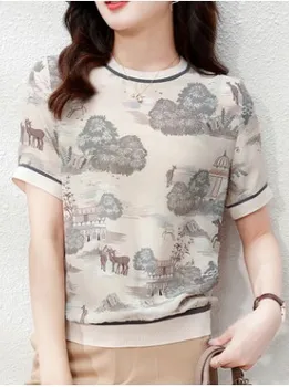 Büyük boy ipek T-shirt kadın kısa kollu retro baskılı gömlek 2021 yaz yeni stil kaburga yarım kollu dut ipek T-shirt