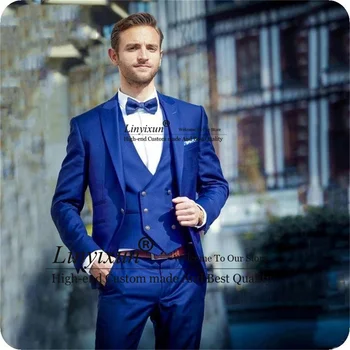 Kraliyet Mavi erkek Takım Elbise Tepe Yaka Damat Smokin Slim Fit Sağdıç Balo Blazer 3 Parça Set Kostüm Homme (Ceket + Pantolon+Yelek)