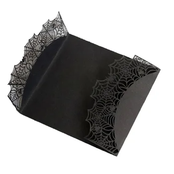 Siyah İnci Kağıt Spiderweb Lazer Kesim Dantel Hollow İş Davetiye, 15x15 cm, Kurdele ve Özelleştirilmiş İç Kart İle