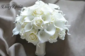 EillyRosia Beyaz Güller Cala Zambak Gelin Buketi İnciler Dekorasyon Açık Düğün Çiçekleri Gelin Nedime sztuczne kwiaty