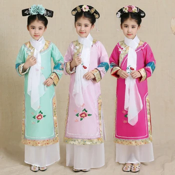 Kız Qing Hanedanı Geleneksel Prenses Kostüm Çocuk Antik Kostüm Nakış Hanfu Antik Mahkemesi Elbise için Cosplay Sahne
