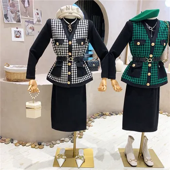 Niş Tasarım Yeni kadın Giyim 2021 Sonbahar Kış Mizaç Tüvit Kolsuz Ekose Yelek + Uzun Kollu Elbise İki Parçalı Set