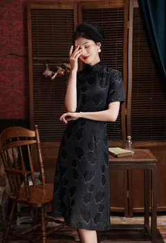 Çin Tarzı Kısa Kollu Mandarin Yaka Qipao Kadınlar Vintage Klasik Siyah Dantel Cheongsam Vestidos Boyutu M-3XL