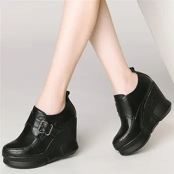 Platformu Oxfords Ayakkabı Kadın Hakiki Deri Kama Yüksek Topuk Pompaları Ayakkabı Kadın Düşük Üst Yuvarlak Ayak Moda Sneakers rahat ayakkabılar