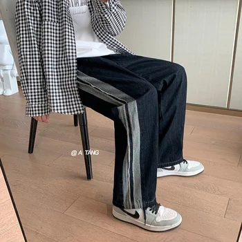 Erkek Pantolon 2021 Çiftler Dört Mevsim Sonbahar Yönlü Yıkanmış Düz Tüp Yüksek Sokak günlük kot Pantolon Streetwear