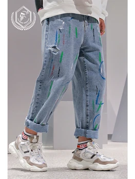 Erkekler Vintage gevşek Staright Harem kot moda Ayak Bileği-uzunluk baskı Delik Jogger Hip Hop Kot