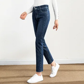 Yeni Bahar Sonbahar Kot Anne Pantolon Yüksek Bel Cepler Düz Klasik Denim Pantolon kadın Giyim Kalem Pantolon Kadın