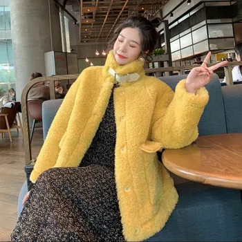 2021 Kadın Kore Sonbahar Kış Ceketler Kadın Gevşek Kuzu Peluş Yastıklı Standı Yaka İmitasyon Kuzu Yün Ceket Giyim 103b