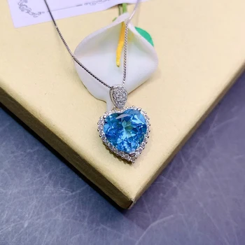 Güzel takı 925 saf gümüş kakma doğal İsviçre mavi topaz kız asil güzel kalp Çin tarzı mücevher kolye kolye destek