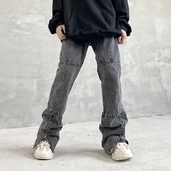 Eukaaru Streetwear Erkekler Denim Kot Yüksek Sokak Fermuar Dekoratif Erkek Gevşek Kot Hip Hop Kot Erkekler Boy Pantolon Pantolon