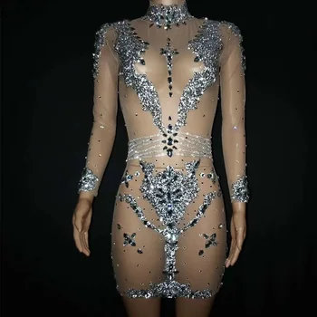 Yeni Sparkly yapay elmas ağ Elbise Kadın Gece Kulübü Akşam Elbise Gösterisi Kıyafet Doğum Günü Kutlamak Perspektif Kısa Elbise DQS3254