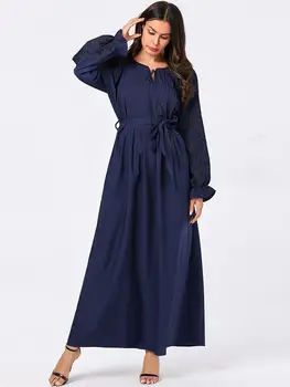 Donanma Abaya Nakış uzun Kollu elbise Kadın Müslüman İslam Jilbab Elbise Dubai Elbisesi İpli kemer Elbiseler 2019 Sonbahar Moda
