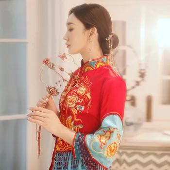 Kırmızı Mavi Çiçek Nakış Cheongsam Gelin düğün elbisesi Çin Tarzı Evlilik Seti Zarif Püskül Kostüm Tost Giyim S-2X