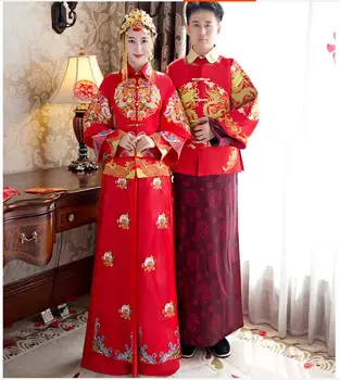 Nakış Phoenix Erkek ve Kadın Kırmızı Cheongsam elbise Yeni Çin tarzı Düğün cheongsam Bahar