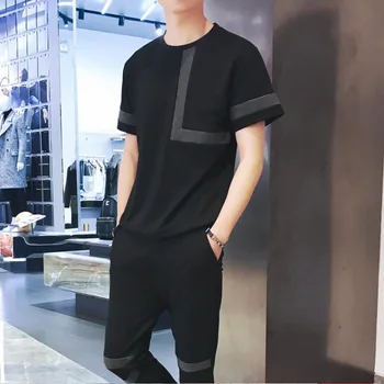 2019 yaz yeni kısa kollu tişört erkek Kore versiyonu trendi eğlence yakışıklı dokuz pantolon iki parçalı takım elbise gelgit kepek