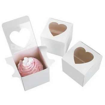 PVC Pencere Cupcake Kutusu 7.5*7.5*7.5 cm beyaz parlak kalp şeklinde pencere kek hediye iyilik kutuları Sevgililer günü düğün için