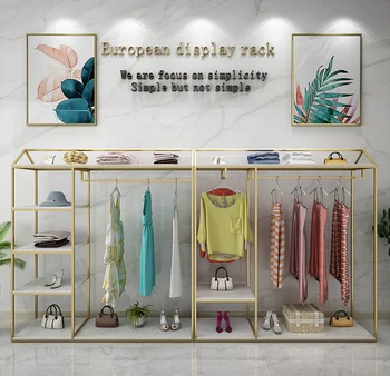 Işık lüks yeni giyim mağazası vitrin zemin tipi ön asılı yan asılı altın kadın giyim Zhongdao mağaza ekran