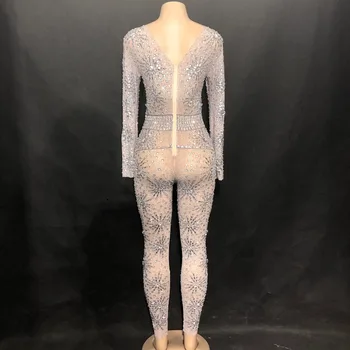 Sparkly Kristaller Tulum Kadınlar Seksi Perspektif Net Iplik Bodysuit Kostüm Dans Sahne Giyim Kadın Şarkıcı Büyük Streç Kıyafet