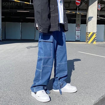 S-5XL Artı Boyutu Erkekler Geniş Bacak Kot Erkek 2021 Sonbahar Bahar Hip Hop Streetwear Yeni Gevşek Düz Baggy Denim Pantolon Erkek