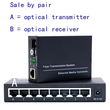 20 KM optik verici ve alıcı gigabit 10/100/1000 MB fiber LAN dönüştürücü, 8 * RJ45 fiber iletim sistemi