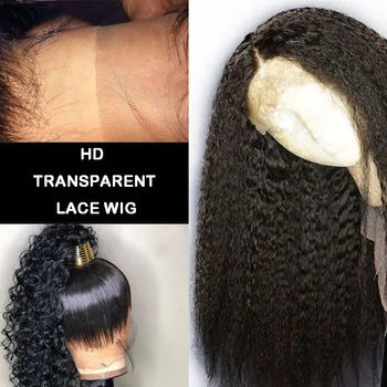 Kinky Düz 13x6 Frontal İnsan Saç Peruk Doğal Görünmez 360 Şeffaf Dantel ön peruk Siyah Kadınlar Için Uzun Brezilyalı Remy