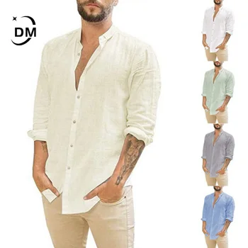 2021 erkek yeni keten hırka düz renk rahat ayakta yaka uzun kollu gömlek iş gömlek