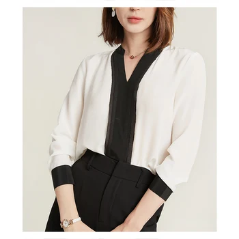 Siyah ve Beyaz Kontrast İpek Ekleme Üst Tasarım Anlamda Hangzhou İpek Yeni Küçük Gömlek T-shirt Sonbahar 2021 kadın Moda Yeni 0