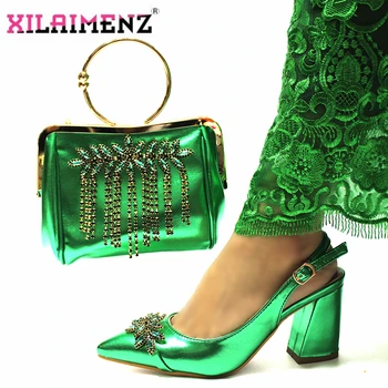 Yeşil Renk Yeni Gelenler Ayakkabı ve çanta seti Yüksek Kaliteli İtalyan Kadın Ayakkabı ve çanta seti Afrika Ayakkabı ve Çanta Düğün için