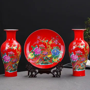 3 adet / takım Klasik Çin Kırmızı Kuşlar ve Çiçekler Seramik Dekorasyon Vazolar ve Plaka Düğün Hediyeleri