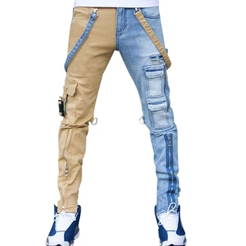 Erkek kot 2021 yüksek sokak düz tulum erkek boy hip-hop sarı mavi denim pantolon moda erkek günlük kot