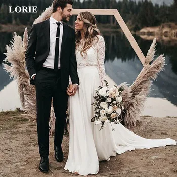 LORIE 2019 Yeni İki Adet Gelinlik Boho düğün elbisesi Uzun Kollu Bir Çizgi Beyaz Fildişi Şifon Dantel Prenses Plaj Gelin