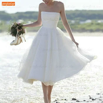Bohemian Beyaz Gelinlik 2021 Seksi vestido de noiva Straplez Düğme Tül Plaj vestido de casamento Custom Made Gelin Gowm