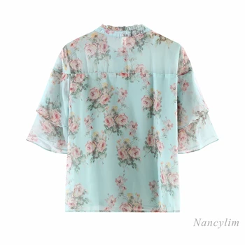 Ruffled Çiçek Şifon Kısa Kollu Yeşil Gömlek Kadınlar ıçin 2021 Yaz Giyim Yeni Zarif Bayan Bluz Blusas Mujer