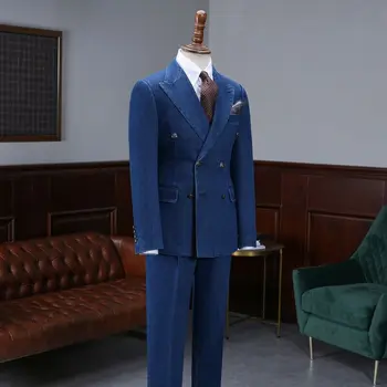 2 Parça Oxford Erkek Takım Elbise Yakışıklı Custom Made Denim İş Casua Takım Elbise Modern Smokin Doruğa Yaka Blazer Fit Slim Ceket + Pantolon