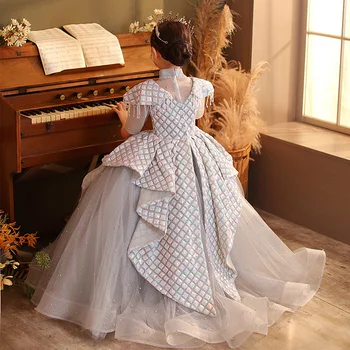 Zarif püskül Pullu kat-uzunluk çiçek kız elbise ışık lüks Perspektif V yaka uzun balo piyano performansı elbise 0