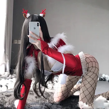 Sıcak Set Cosplay Kostümleri Seksi Kırmızı Noel Prenses Bodysuit Şal Eldiven Stocking Açık Göğüs Kıyafet Günaha Anime 1