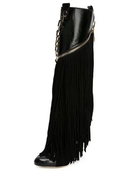 2018 Yeni Tasarım Siyah Fringe Diz Yüksek Çizmeler Seksi Yılan Derisi Süet Patchwork Elbise Çizmeler Zincir Dekore İnce Yüksek Topuk Çizmeler 1