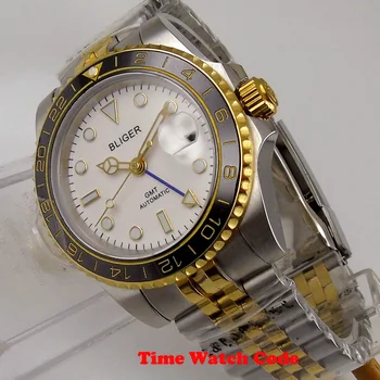 Altın Blıger 40mm Mavi GMT Otomatik erkek saati Beyaz Kadran Otomatik Tarih safir cam seramik çerçeve Jubilee 3804 hareketi 1