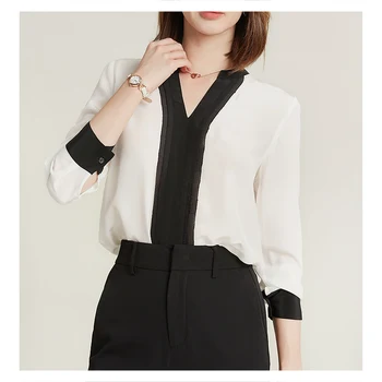 Siyah ve Beyaz Kontrast İpek Ekleme Üst Tasarım Anlamda Hangzhou İpek Yeni Küçük Gömlek T-shirt Sonbahar 2021 kadın Moda Yeni 1