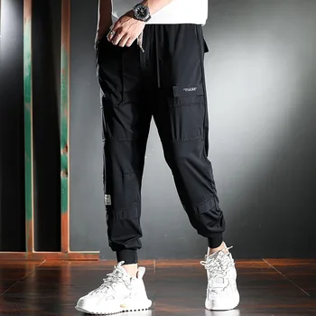 Yeni Siyah Spor Rahat Pantolon Erkekler Streetwear Baggy Pamuk Streç İpli Pantolon 1