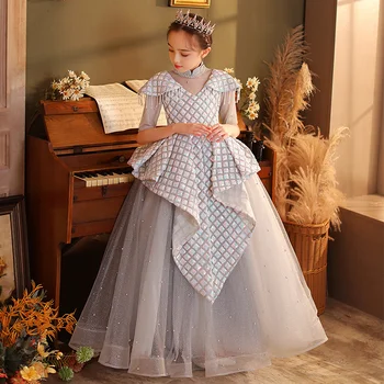 Zarif püskül Pullu kat-uzunluk çiçek kız elbise ışık lüks Perspektif V yaka uzun balo piyano performansı elbise 1