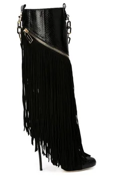 2018 Yeni Tasarım Siyah Fringe Diz Yüksek Çizmeler Seksi Yılan Derisi Süet Patchwork Elbise Çizmeler Zincir Dekore İnce Yüksek Topuk Çizmeler 2
