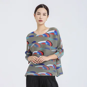 Changpleat 2021 erken sonbahar geometrik baskı T-shirt Miyak Pilili Tüm Maç moda artı boyutu gevşek tasarım 3/4 kollu üst 2
