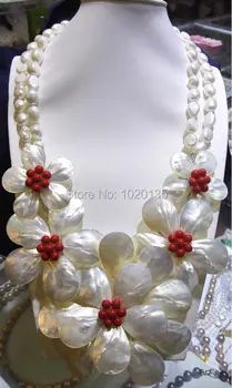 Beyaz deniz kabuğu damla çiçek ve kırmızı mercan kolye 20 inç moda beyaz tatlısu inci bearoque 2