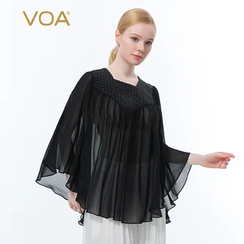 VOA Ipek Elastik Dimi Siyah Kare Yaka Üç Boyutlu Dokuma Tasarım Georgette Mikro-şeffaf Pelerin Kadın Tişörtleri BE638 2