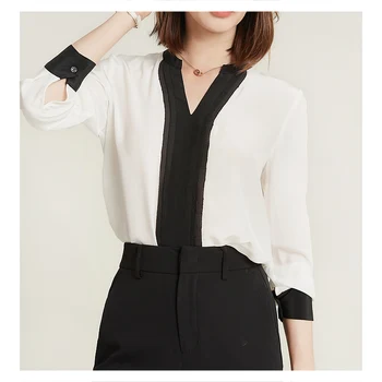 Siyah ve Beyaz Kontrast İpek Ekleme Üst Tasarım Anlamda Hangzhou İpek Yeni Küçük Gömlek T-shirt Sonbahar 2021 kadın Moda Yeni 2