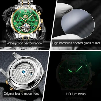 OLEVS Klasik Otomatik Yeşil Mekanik erkek saati Paslanmaz Çelik Su Geçirmez Tarih Hafta Moda Lüks İzle Reloj Hombre 9910 2