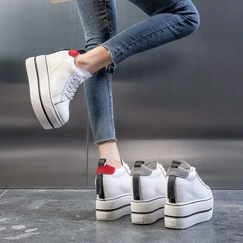 12 cm Platformu Kama Kadın rahat ayakkabılar Hakiki Deri Gizli Topuk Tıknaz Sneakers Nefes rahat ayakkabılar Bahar Sonbahar 3